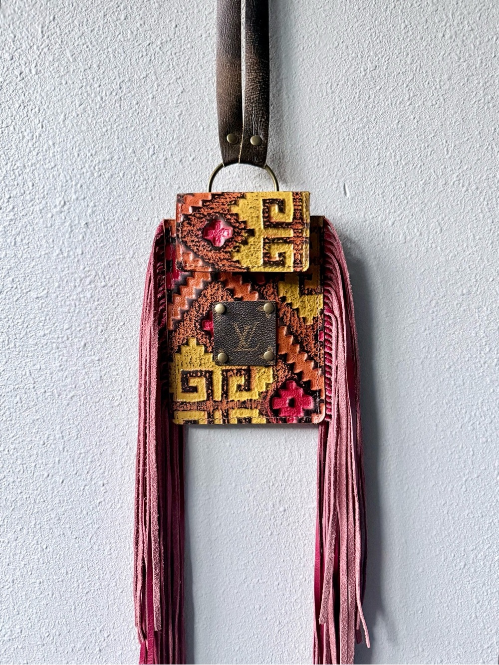 Upcycled Tooled Leather Aztec Fringe Crossbody Bag w/ LV Detail Festival Western